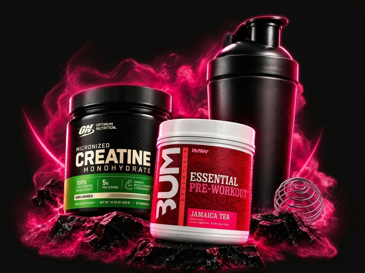 Pack Performance: Optimum Nutrition Creatina, RAW CBUM Essential Pre-Workout, Shaker Synaptex Premium